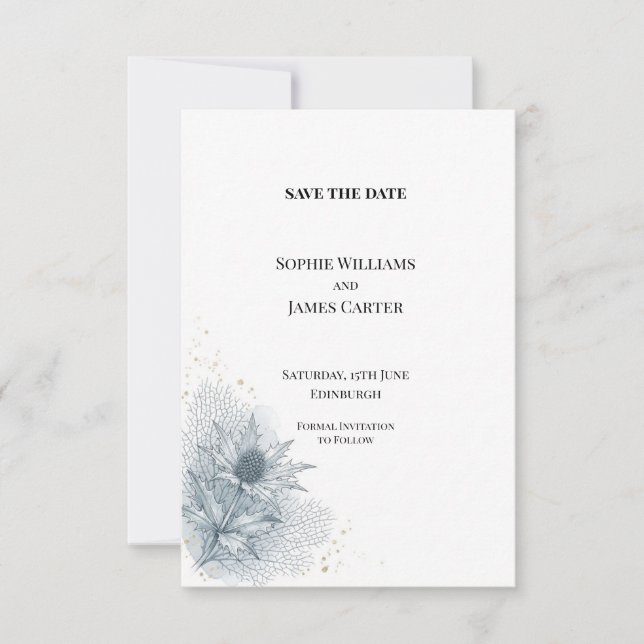 Blue Thistle Botanical Wedding Save the Date (Front)