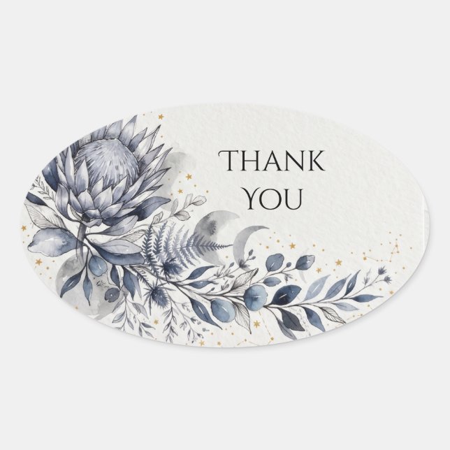 Blue Thistle Botanical Wedding Thank You Oval Sticker (Front)