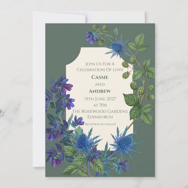 Blue Thistle Scottish Botanical Wedding Invitation (Front)