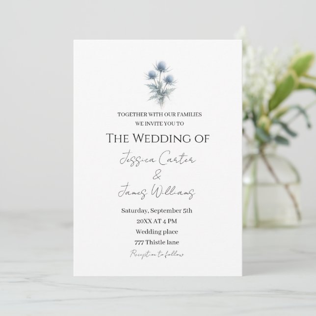 Blue Thistle Scottish Scotland Simple Wedding Invitation (Standing Front)