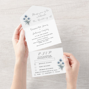 Blue Thistle Scottish Simple Floral Wedding All In One Invitation
