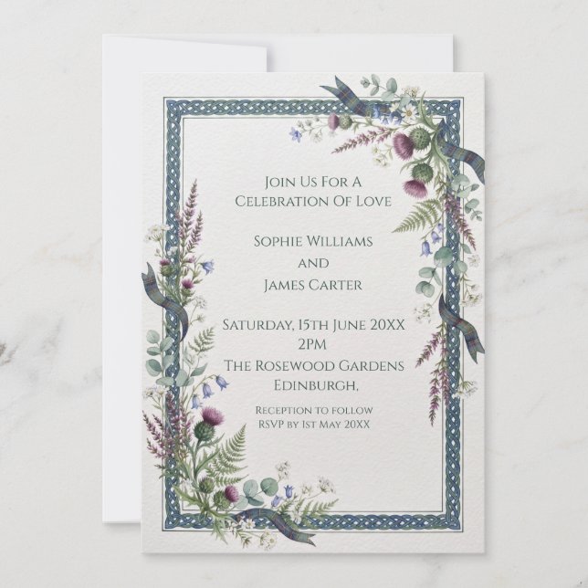 Blue Thistle Tartan Wedding Invitation (Front)