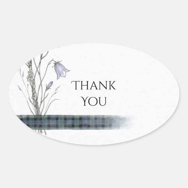 Blue Thistle Tartan Wedding Thank You Sticker (Front)
