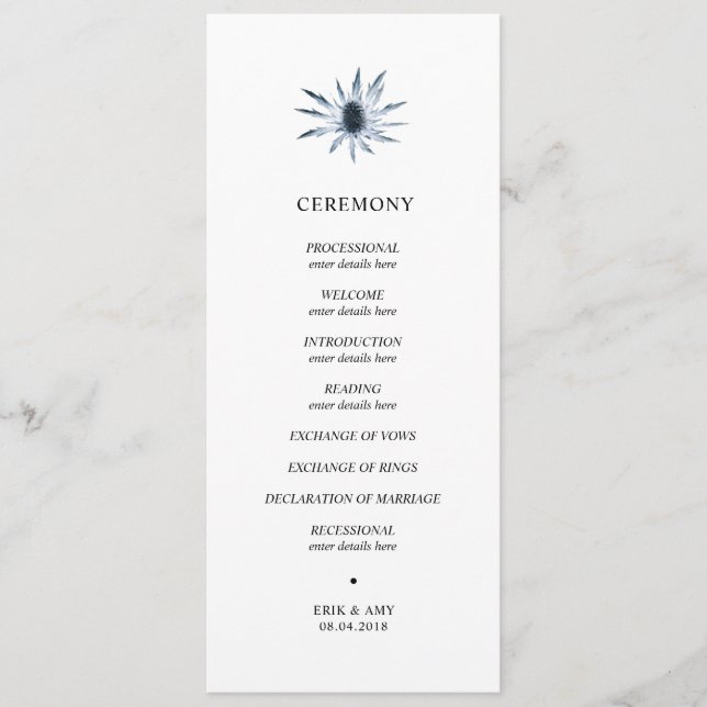 Blue thistle wedding ceremony program programme (Front)