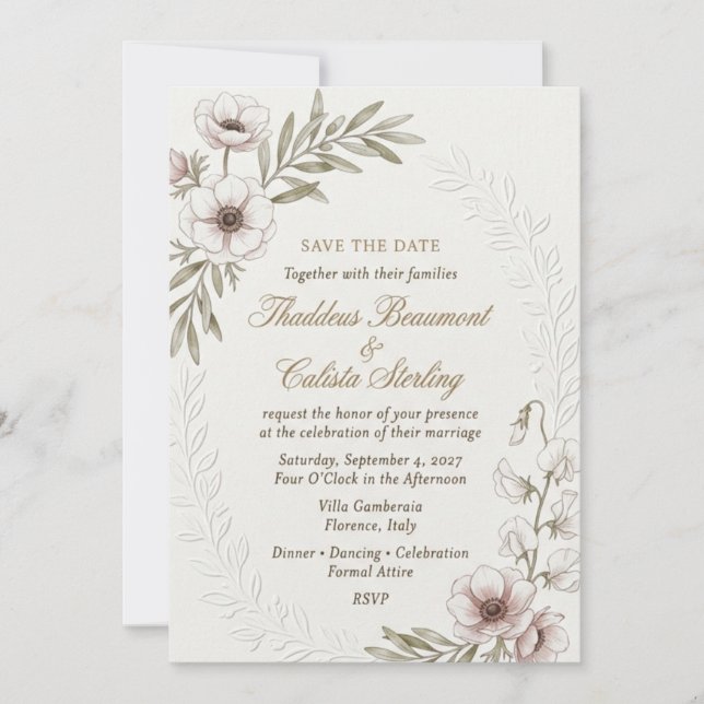 Blue Thistle, White Bougainvillea, Border Frame, a Invitation (Front)