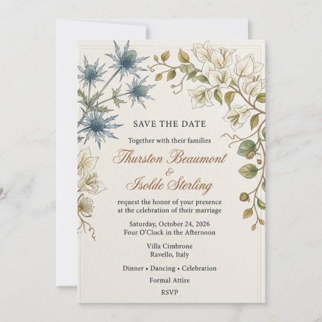 Blue Thistle, White Bougainvillea, Border Frame, a Invitation (Front)
