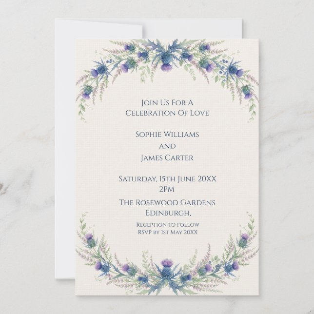Blue Thistle Wreath Wedding Invitation (Front)