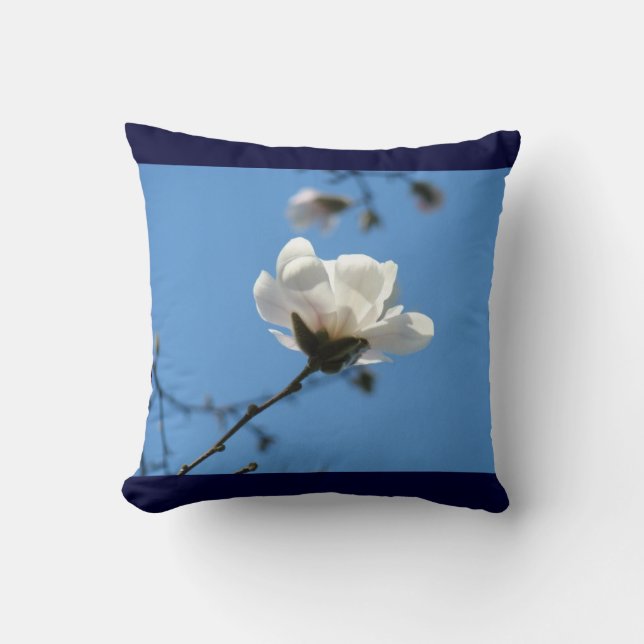 Blue Throw Pillow Spring White Magnolia Flowers (Front)