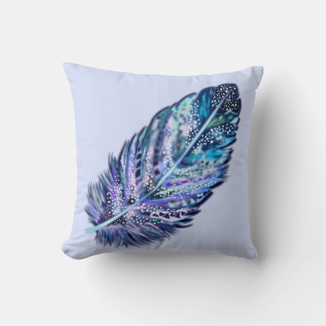 Blue Throw Pillow with Feather - Choose Color (Front)