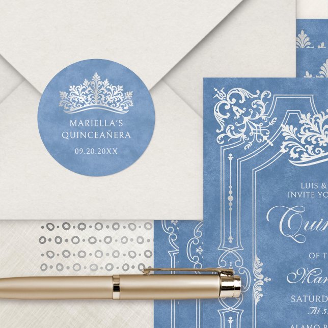 Blue Tiara Crown Elegant Quinceanera Classic Round Sticker (Creator Uploaded)