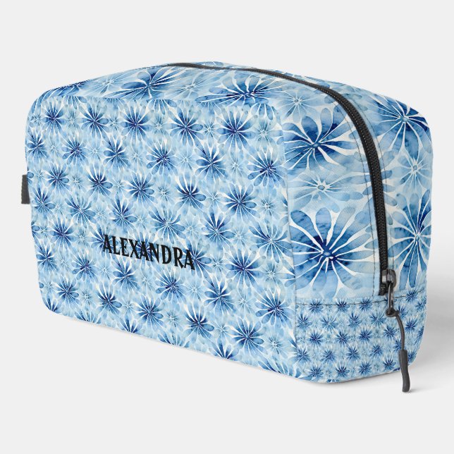 Blue Tie dye flower pattern Custom Name Dopp Kit (Right Corner)