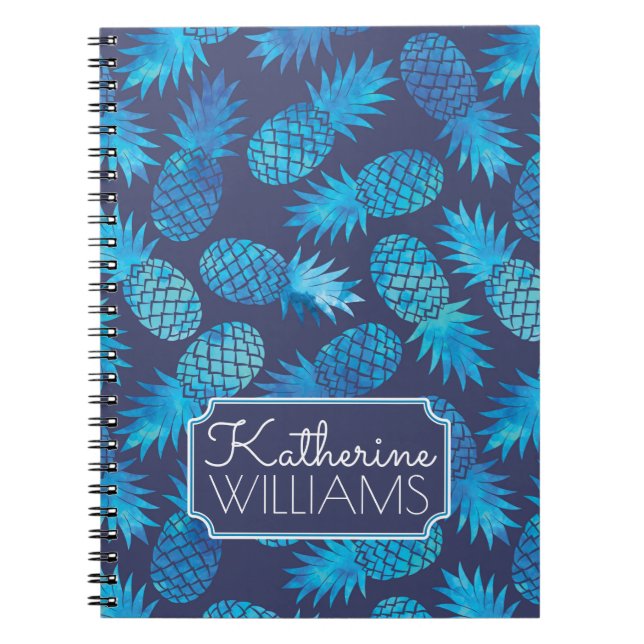 Blue Tie Dye Pineapples | Add Your Name Notebook (Front)