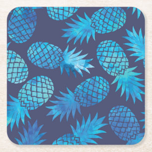 Blue Tie Dye Pineapples Square Paper Coaster