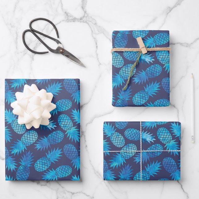 Blue Tie Dye Pineapples Wrapping Paper Sheet (Front)