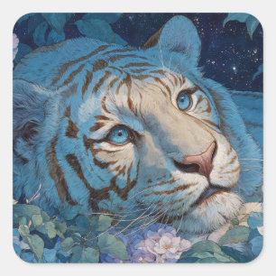 Blue Tiger in Lush Lavender and Blue Floral Garden Square Sticker