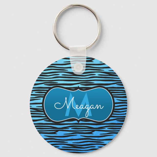 Blue Tiger Print Monogram Key Ring (Front)
