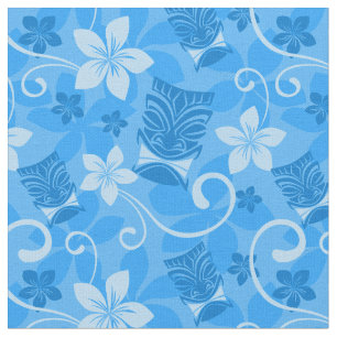 Blue Tiki Masks Hawaiian Fabric