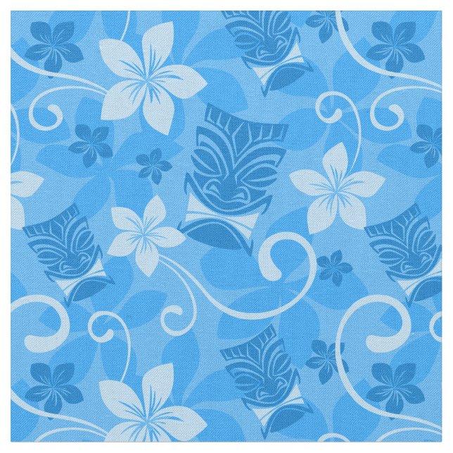 Blue Tiki Masks Hawaiian Fabric (Close Up)