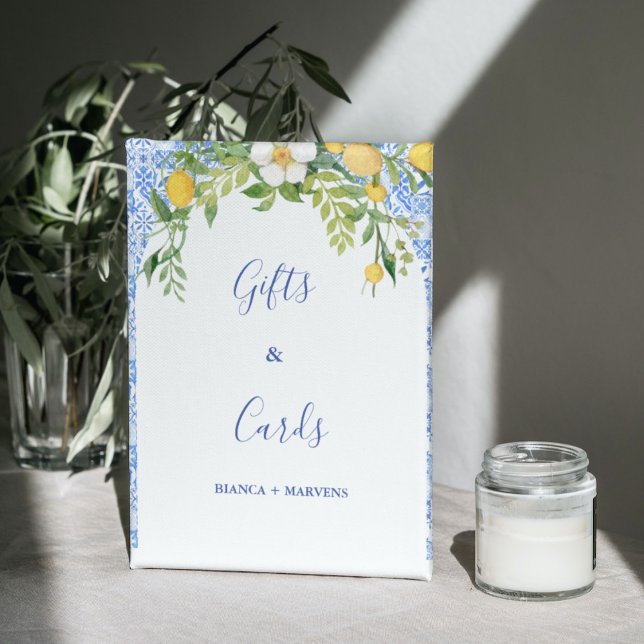 Blue tile and Lemon wedding Gifts & Cards Sign  (Creator Uploaded)