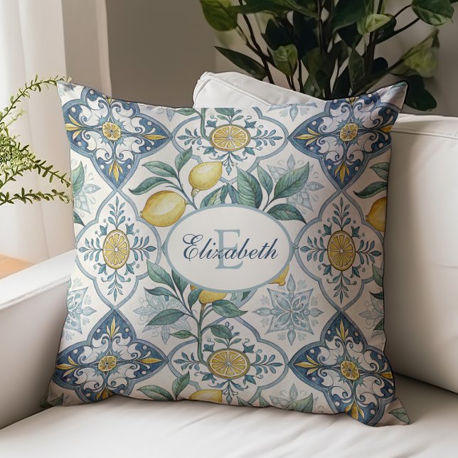 Blue Tile Country Lemon Pattern Monogram Name Cushion (Creator Uploaded)