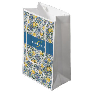 Blue Tile Country Lemon Watercolor Monogram Small Gift Bag