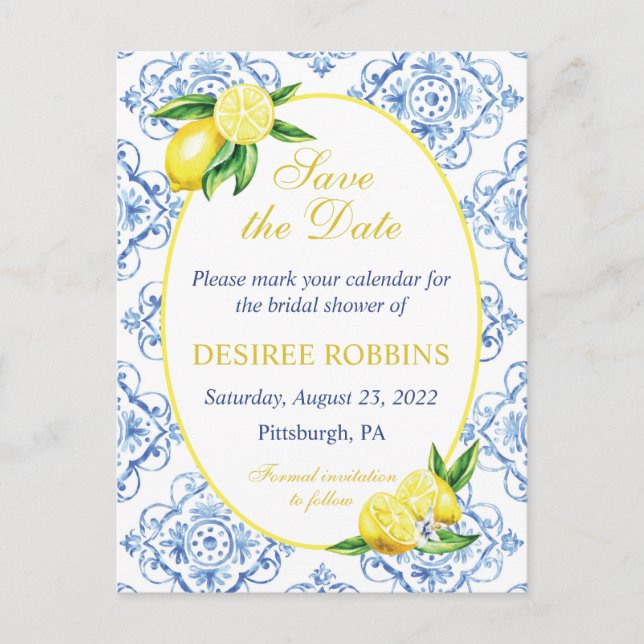Blue Tile Floral Lemon Bridal Shower Save the Date Postcard (Front)