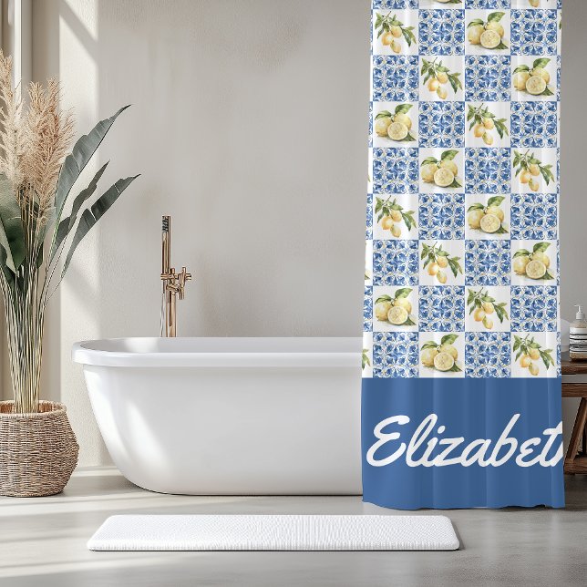 Blue Tile French Country Lemon Custom Name Shower Curtain (Creator Uploaded)