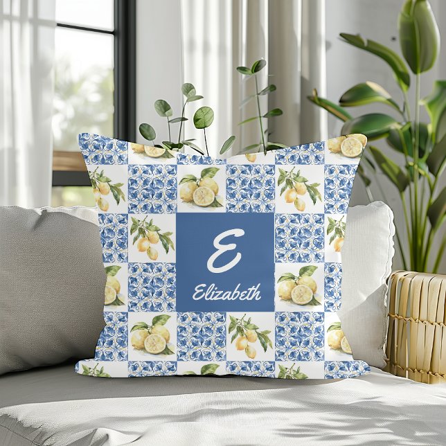 Blue Tile French Country Lemon Monogram Name Cushion (Creator Uploaded)
