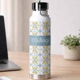 Blue Tile French Country Lemon Name Monogram Water Bottle