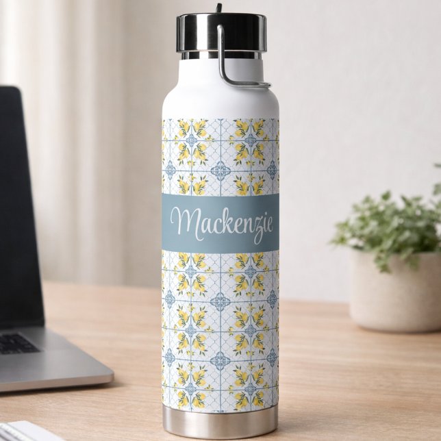 Blue Tile French Country Lemon Name Monogram Water Bottle (Creator Uploaded)