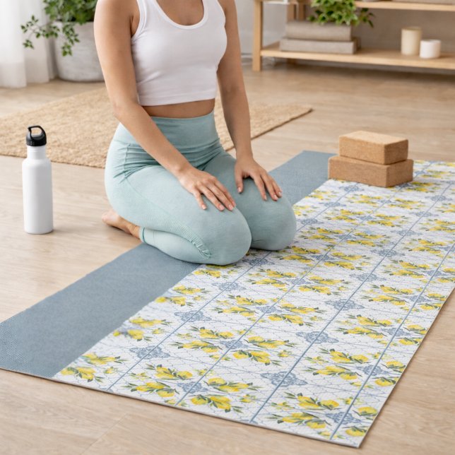 Blue Tile French Country Lemon Name Monogram Yoga Mat (Creator Uploaded)