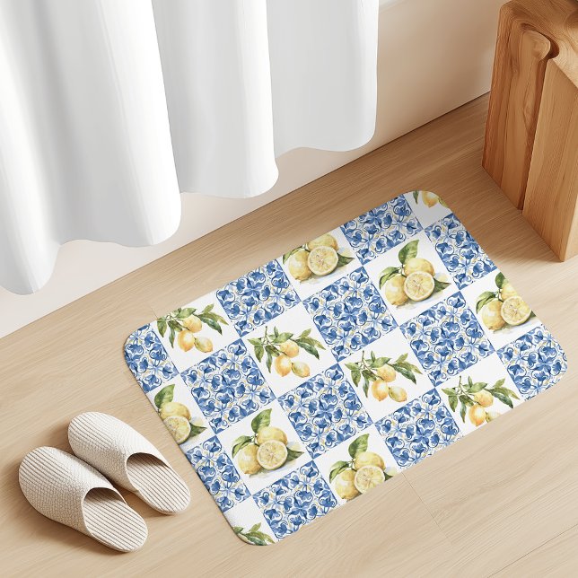 Blue Tile French Country Lemon Pattern Bath Mat (Creator Uploaded)