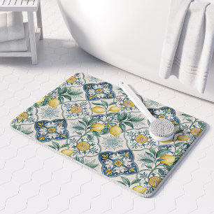 Blue Tile French Country Lemon Pattern Bath Mat