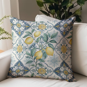 Blue Tile French Country Lemon Pattern Cushion