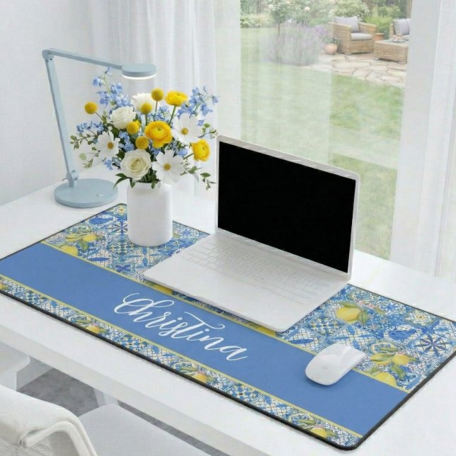 Blue Tile French Country Lemon Pattern Desk Mat (Creator Uploaded)