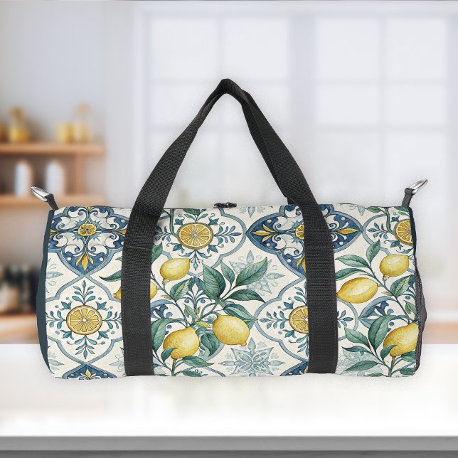 Blue Tile French Country Lemon Pattern  Duffle Bag (Creator Uploaded)