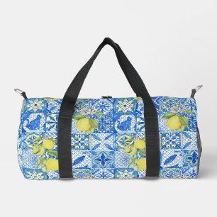 Blue Tile French Country Lemon Pattern Duffle Bag