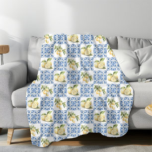 Blue Tile French Country Lemon Pattern Fleece Blanket