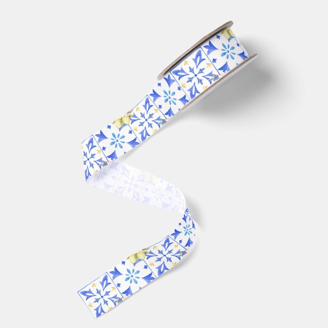Blue Tile French Country Lemon Pattern Grosgrain Ribbon (Front+Back)