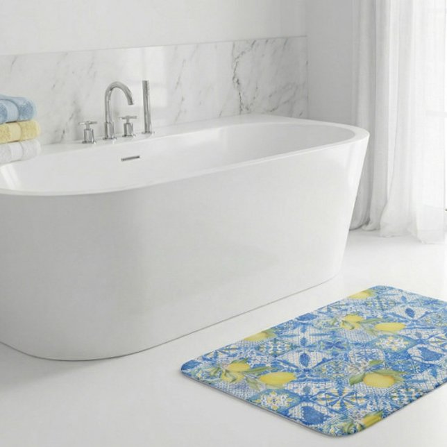 Blue Tile French Country Lemon Pattern Home Decor Bath Mat (Creator Uploaded)
