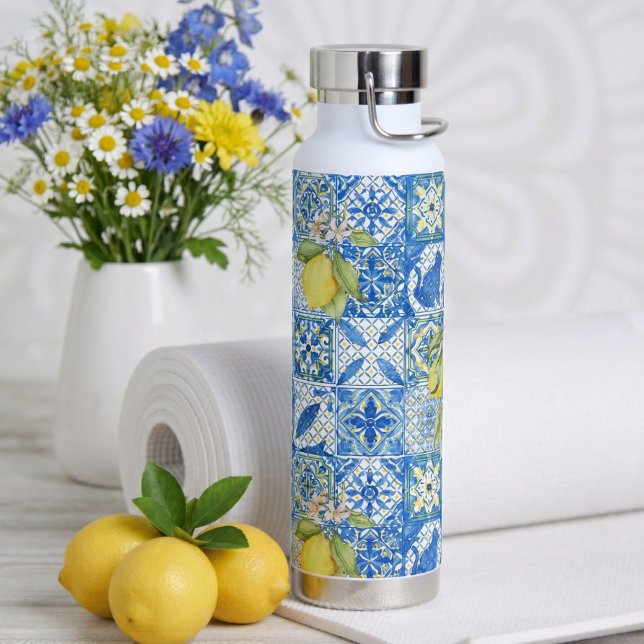 Blue Tile French Country Lemon Pattern Home Decor Water Bottle (Creator Uploaded)