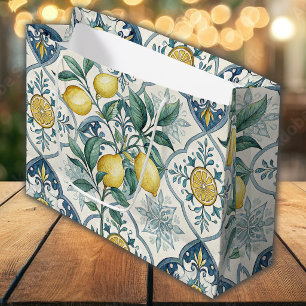 Blue Tile French Country Lemon Pattern Large Gift Bag