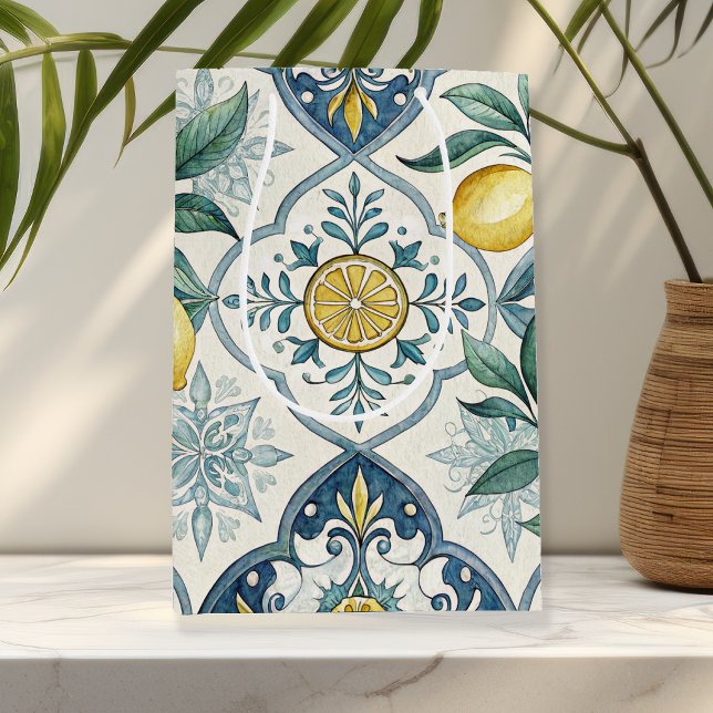 Blue Tile French Country Lemon Pattern Medium Gift Bag (Creator Uploaded)