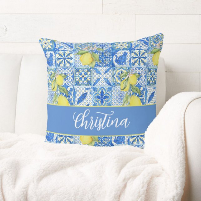 Blue Tile French Country Lemon Pattern Monogram Cushion (Creator Uploaded)