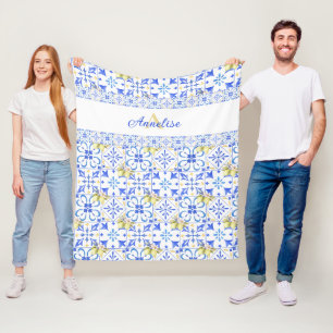 Blue Tile French Country Lemon Pattern Monogram  Fleece Blanket