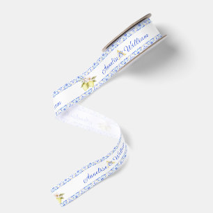 Blue Tile French Country Lemon Pattern Monogram Grosgrain Ribbon