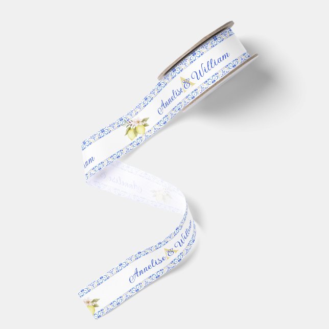 Blue Tile French Country Lemon Pattern Monogram Grosgrain Ribbon (Front+Back)