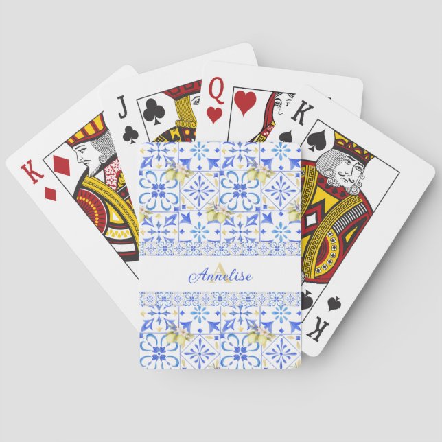 Blue Tile French Country Lemon Pattern Monogram Playing Cards (Back)