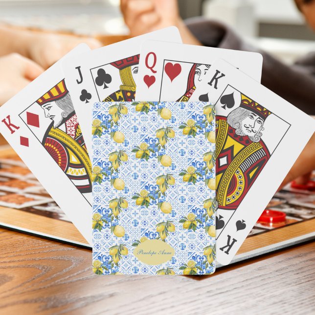 Blue Tile French Country Lemon Pattern Monogram Playing Cards (Creator Uploaded)