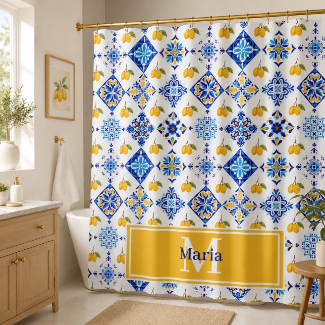 Blue Tile French Country Lemon Pattern Monogram  Shower Curtain (Creator Uploaded)